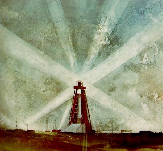 A drawing illustrating a rocket at the launch pad