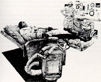 A drawing illustrating a technician testing the space suit