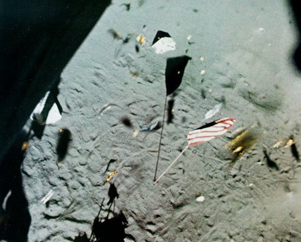A photo of the US flag on the Moon from the top view