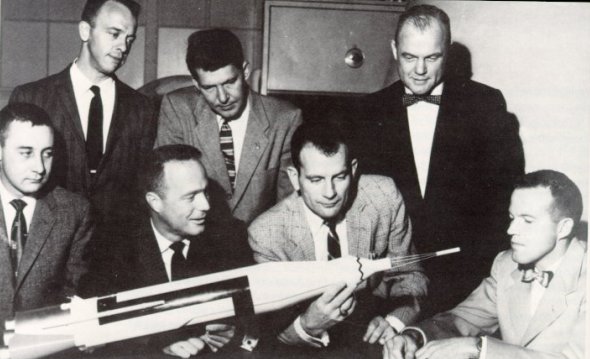 A photo of astronauts,Grissom,Carpenter,Slayton,Cooper Jr.,Shepard,Shirra, and Glenn Jr.