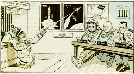 A cartoon of a chimpanzee giving instructions to the astronauts