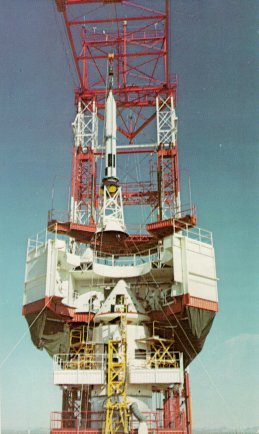 A photo of the launch-escape rocket fitted to a test command module atop a Little Joe II booster