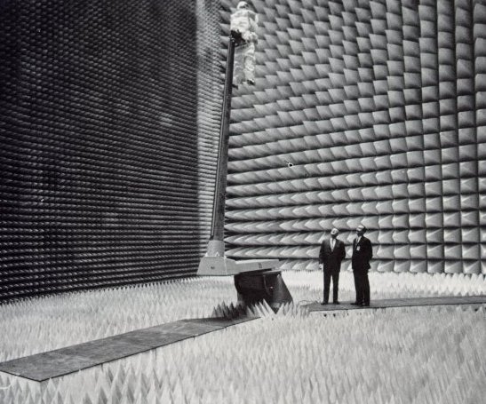 A photo of two NASA engineers in an anechoic test chamber