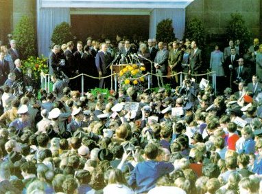 A photo of a crowd listening to Apollo 11 astronauts