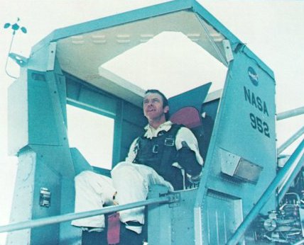 A photo of astronaut,Shepard beginning a test run on the Flying Bedstead