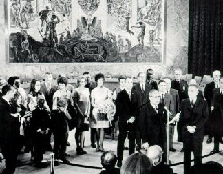 A photo of Secretary General U Thant,astronauts and their family in the Security Council chambers