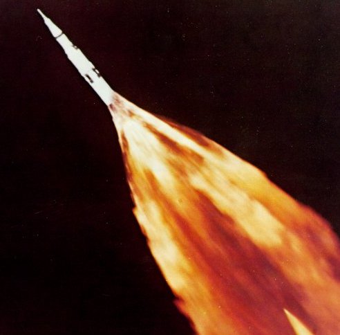 A photo of Apollo 6 during the first stage of launch