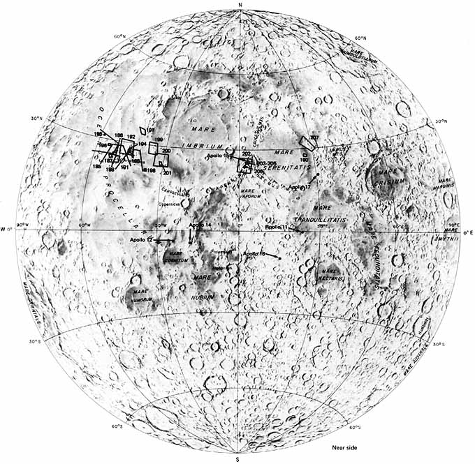 Figure 184 location of photographs of sinuous rilles; numbers correspond to figure numbers on the Moon