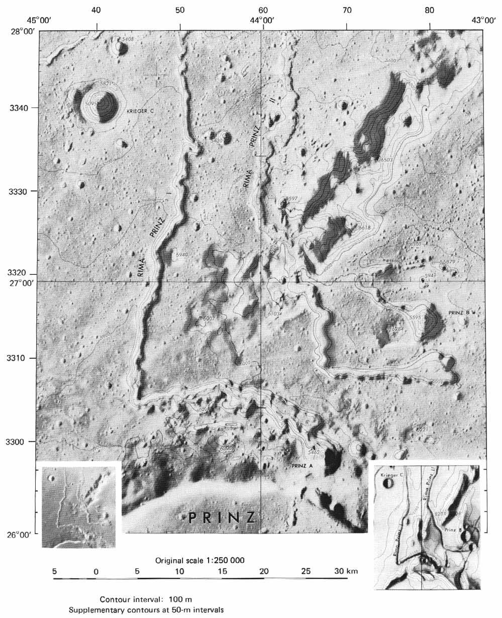 Map and contour elevations of the Moon