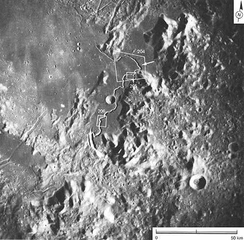 Figure 202 the sinuous Hadley Rille, the Apennine Mountains trending from lower left to upper right