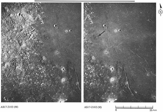 Figure 63 this stereoscopic view shows southwestern Mare Serenitatis 'lapping against' its shore of ancient highlands or terrae