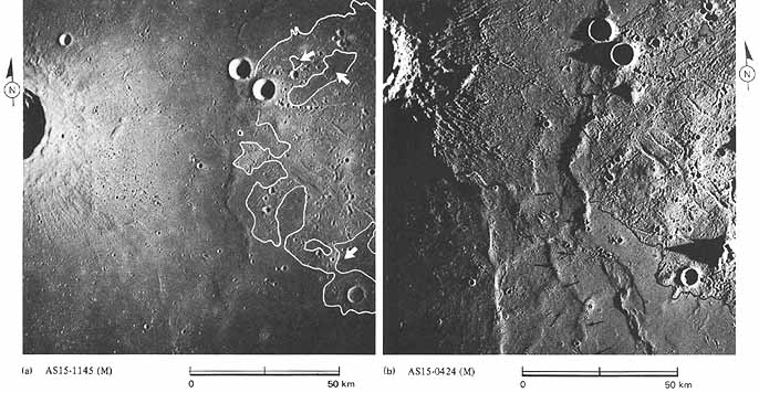 Figure 64 two contrasting pictures of the same area in southeastern Mare Imbrium