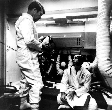 Apollo 7 crew in white room