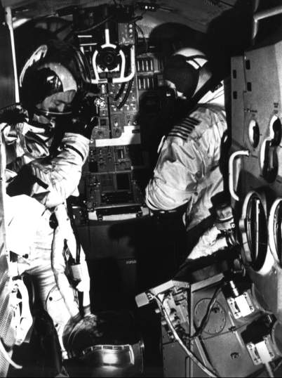 Apollo 9 crew in LM simulator
